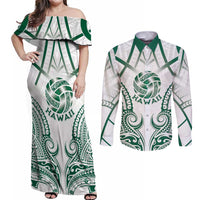 Custom Hawaii Volleyball Couples Matching Off Shoulder Maxi Dress and Long Sleeve Button Shirt Polynesian Pattern LT05 Teal - Polynesian Pride