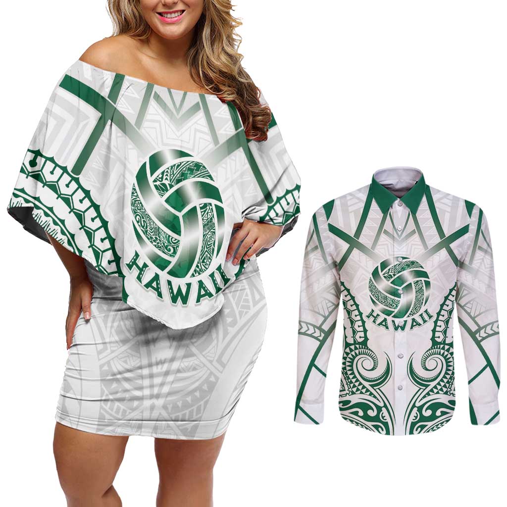 Custom Hawaii Volleyball Couples Matching Off Shoulder Short Dress and Long Sleeve Button Shirt Polynesian Pattern LT05 Teal - Polynesian Pride