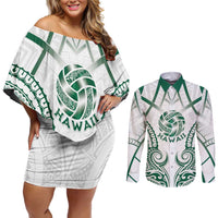 Custom Hawaii Volleyball Couples Matching Off Shoulder Short Dress and Long Sleeve Button Shirt Polynesian Pattern LT05 Teal - Polynesian Pride