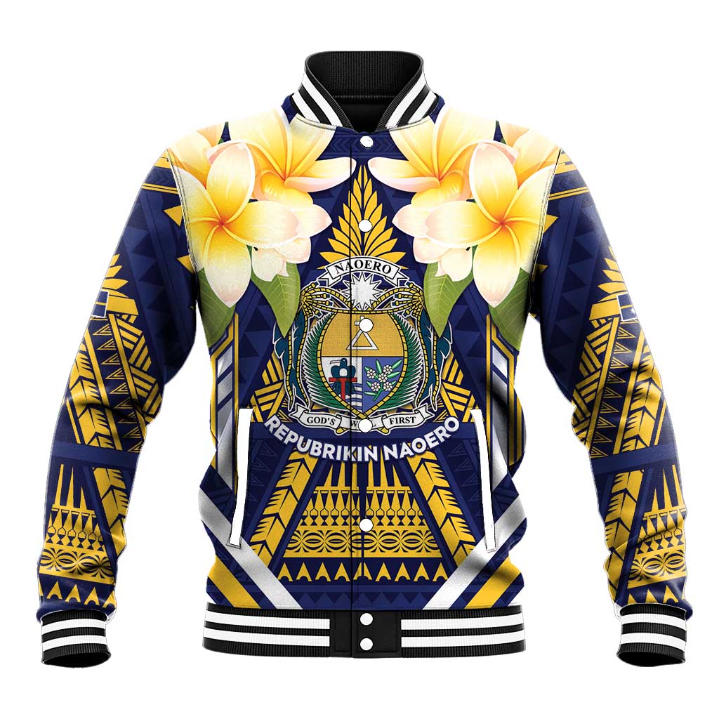 Personalised Nauru Independence Day Baseball Jacket Coat Of Arms With Plumeria LT05 Unisex Navy - Polynesian Pride