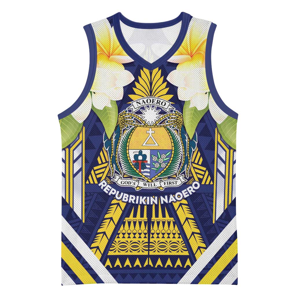 Personalised Nauru Independence Day Basketball Jersey Coat Of Arms With Plumeria - Polynesian Pride