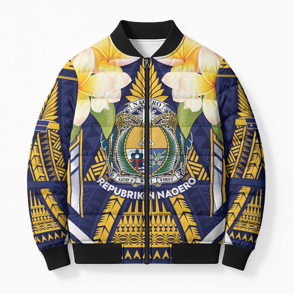 Personalised Nauru Independence Day Bomber Puffer Jacket Coat Of Arms With Plumeria - Polynesian Pride