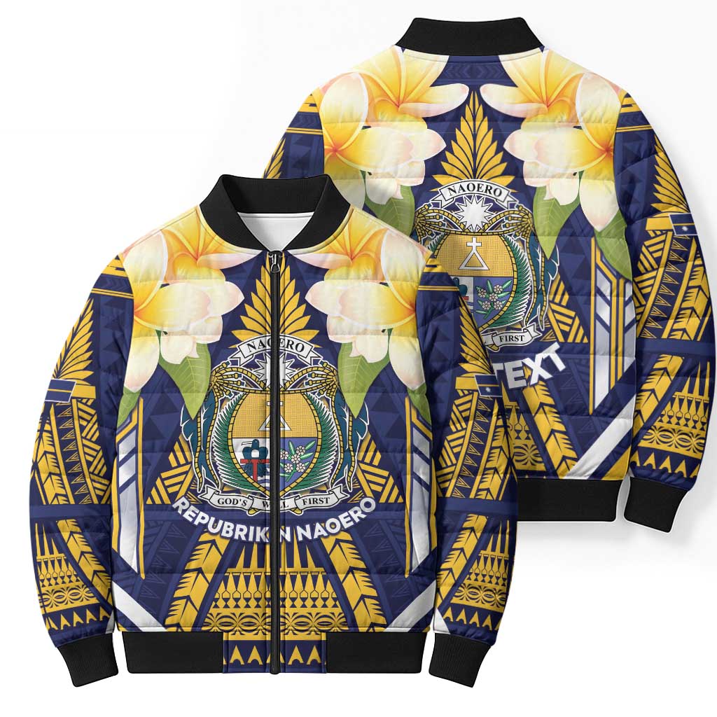 Personalised Nauru Independence Day Bomber Puffer Jacket Coat Of Arms With Plumeria - Polynesian Pride