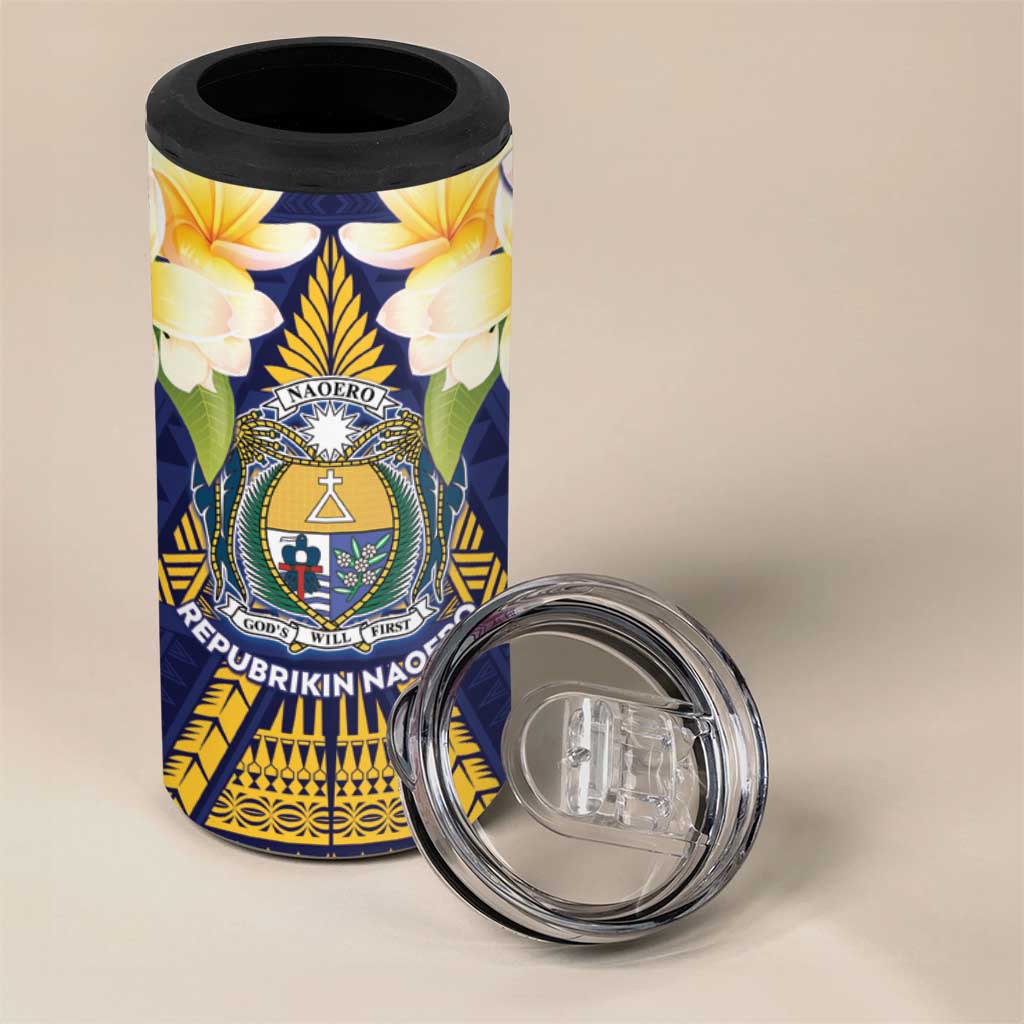Personalised Nauru Independence Day 4 in 1 Can Cooler Tumbler Coat Of Arms With Plumeria - Polynesian Pride