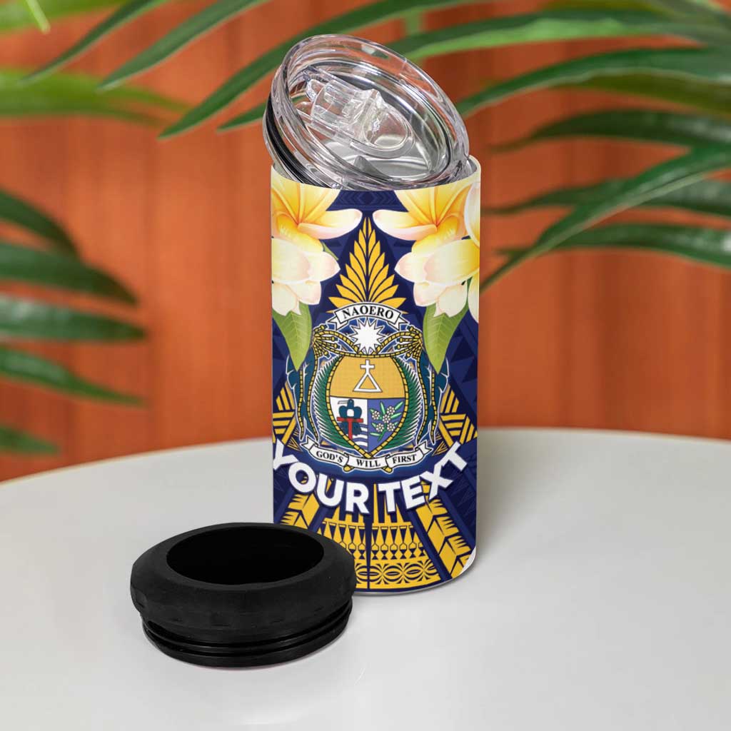 Personalised Nauru Independence Day 4 in 1 Can Cooler Tumbler Coat Of Arms With Plumeria - Polynesian Pride