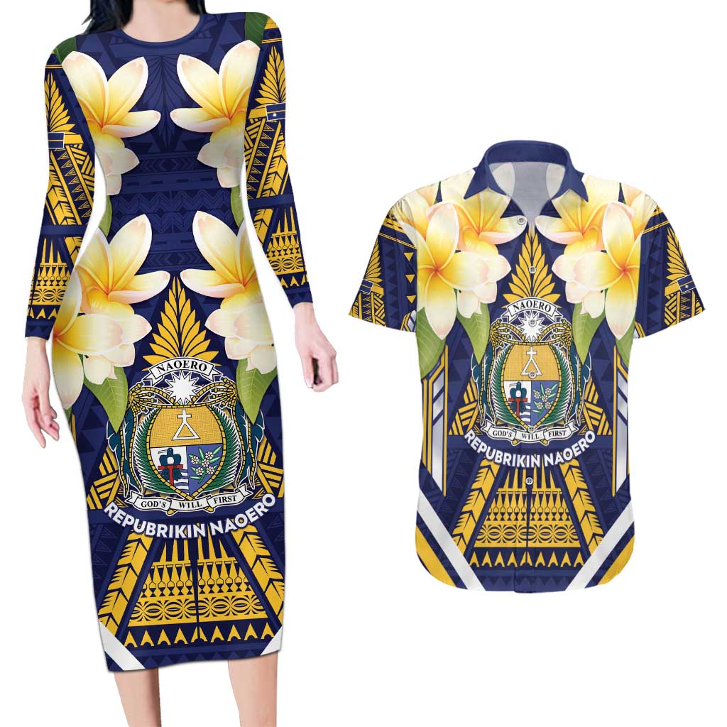 Personalised Nauru Independence Day Couples Matching Long Sleeve Bodycon Dress and Hawaiian Shirt Coat Of Arms With Plumeria - Polynesian Pride