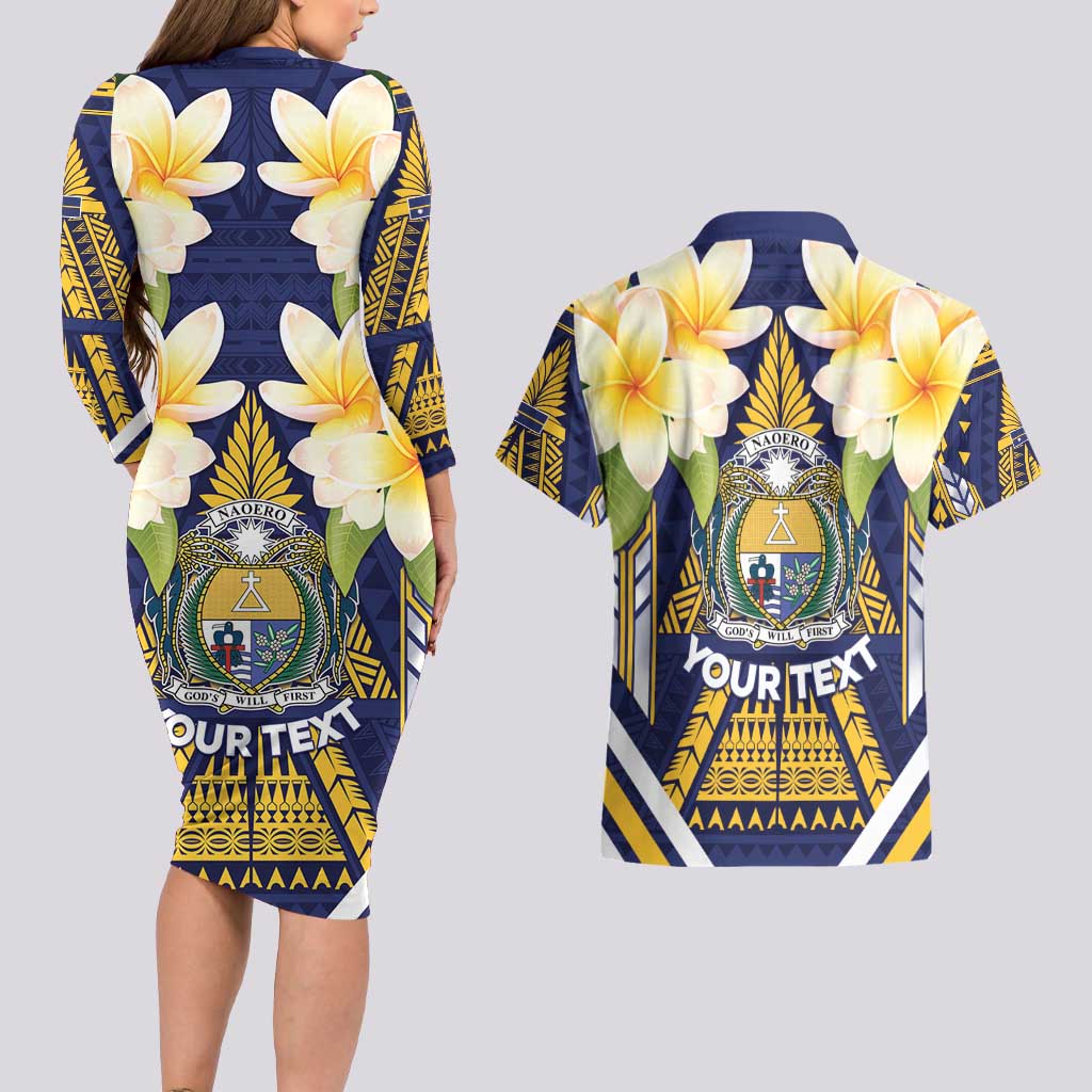 Personalised Nauru Independence Day Couples Matching Long Sleeve Bodycon Dress and Hawaiian Shirt Coat Of Arms With Plumeria - Polynesian Pride