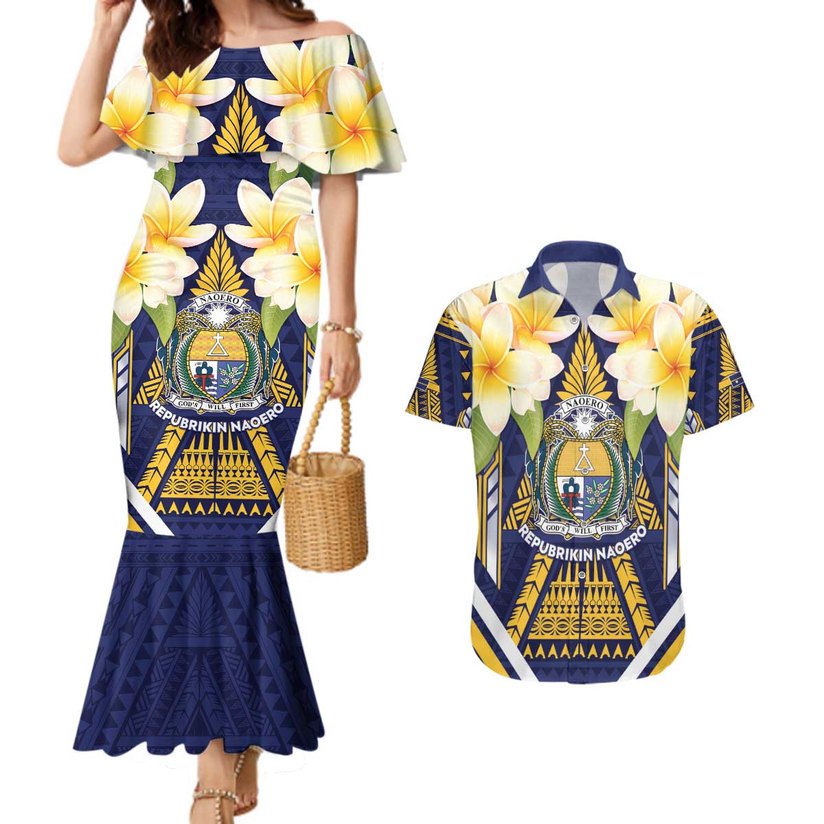 Personalised Nauru Independence Day Couples Matching Mermaid Dress and Hawaiian Shirt Coat Of Arms With Plumeria - Polynesian Pride
