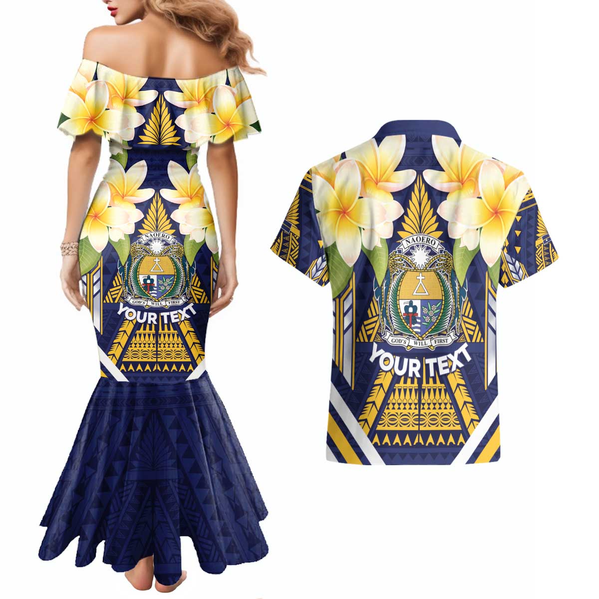 Personalised Nauru Independence Day Couples Matching Mermaid Dress and Hawaiian Shirt Coat Of Arms With Plumeria - Polynesian Pride