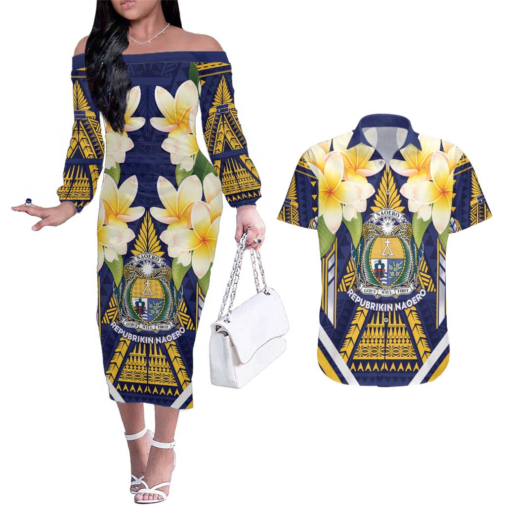 Personalised Nauru Independence Day Couples Matching Off The Shoulder Long Sleeve Dress and Hawaiian Shirt Coat Of Arms With Plumeria - Polynesian Pride