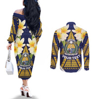 Personalised Nauru Independence Day Couples Matching Off The Shoulder Long Sleeve Dress and Long Sleeve Button Shirt Coat Of Arms With Plumeria - Polynesian Pride