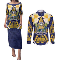 Personalised Nauru Independence Day Couples Matching Puletasi and Long Sleeve Button Shirt Coat Of Arms With Plumeria - Polynesian Pride
