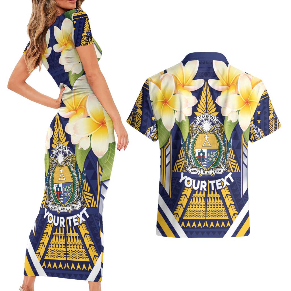 Personalised Nauru Independence Day Couples Matching Short Sleeve Bodycon Dress and Hawaiian Shirt Coat Of Arms With Plumeria - Polynesian Pride