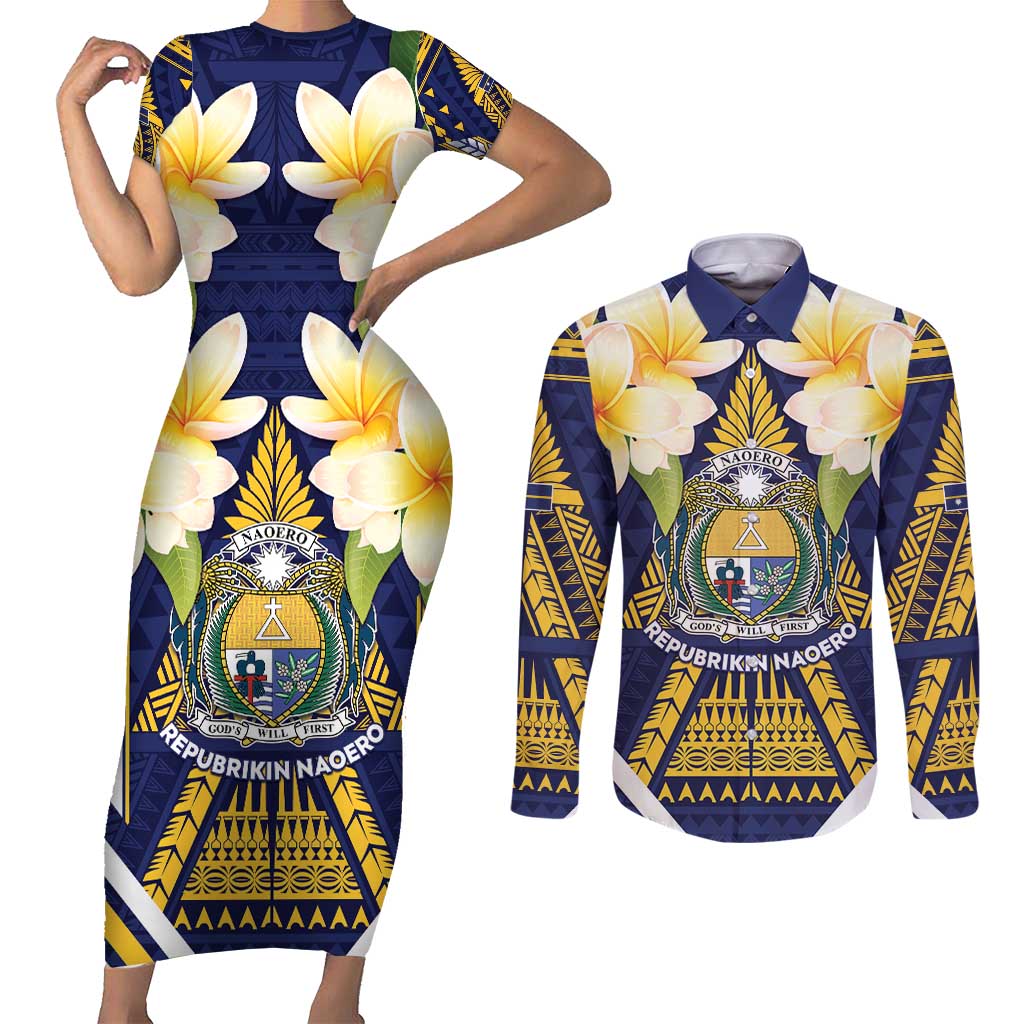 Personalised Nauru Independence Day Couples Matching Short Sleeve Bodycon Dress and Long Sleeve Button Shirt Coat Of Arms With Plumeria - Polynesian Pride