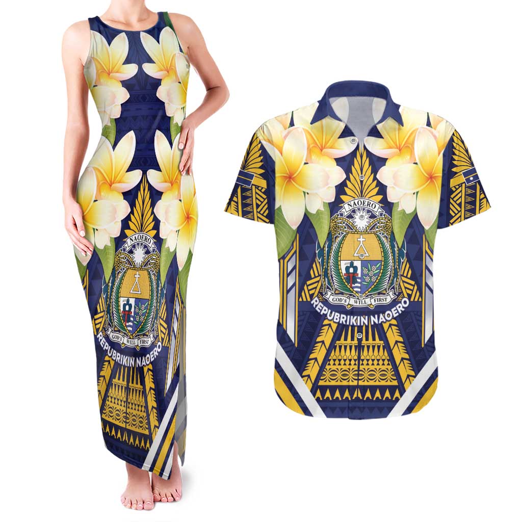 Personalised Nauru Independence Day Couples Matching Tank Maxi Dress and Hawaiian Shirt Coat Of Arms With Plumeria - Polynesian Pride