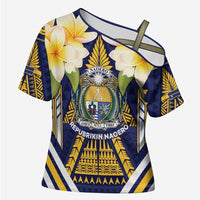 Personalised Nauru Independence Day Cross Shoulder Shirt Coat Of Arms With Plumeria - Polynesian Pride