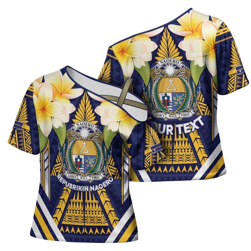 Personalised Nauru Independence Day Cross Shoulder Shirt Coat Of Arms With Plumeria - Polynesian Pride
