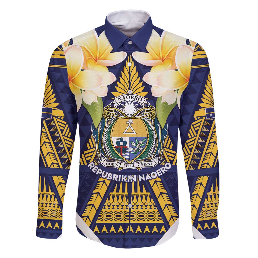 Personalised Nauru Independence Day Family Matching Long Sleeve Bodycon Dress and Hawaiian Shirt Coat Of Arms With Plumeria - Polynesian Pride