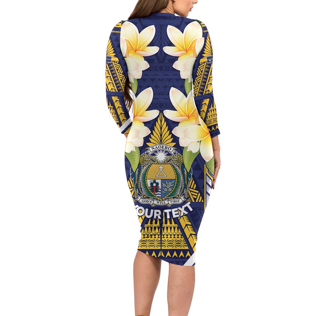 Personalised Nauru Independence Day Family Matching Long Sleeve Bodycon Dress and Hawaiian Shirt Coat Of Arms With Plumeria - Polynesian Pride