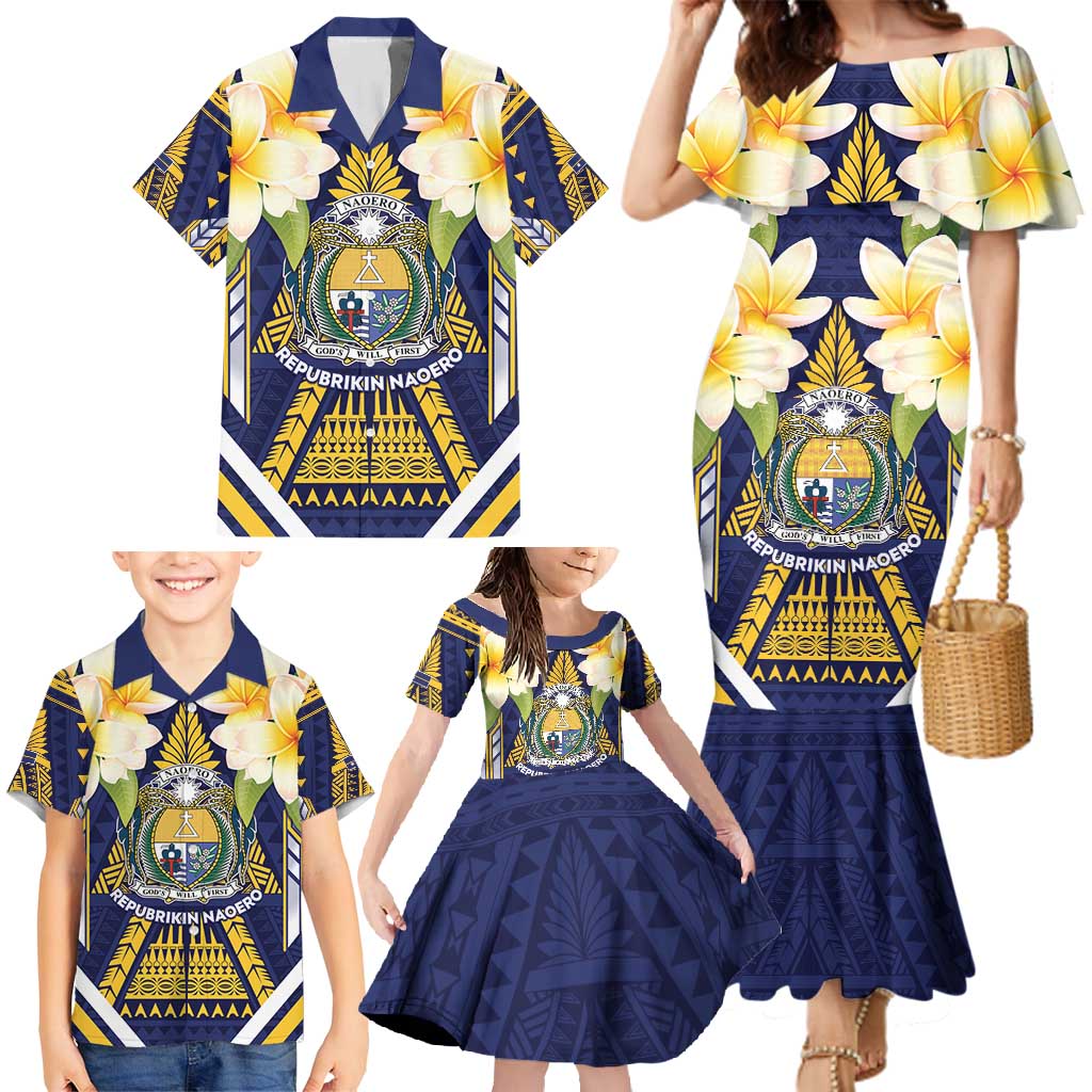 Personalised Nauru Independence Day Family Matching Mermaid Dress and Hawaiian Shirt Coat Of Arms With Plumeria - Polynesian Pride