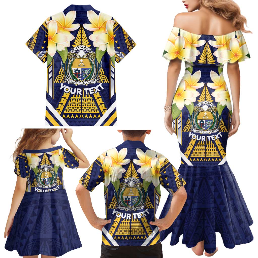 Personalised Nauru Independence Day Family Matching Mermaid Dress and Hawaiian Shirt Coat Of Arms With Plumeria - Polynesian Pride