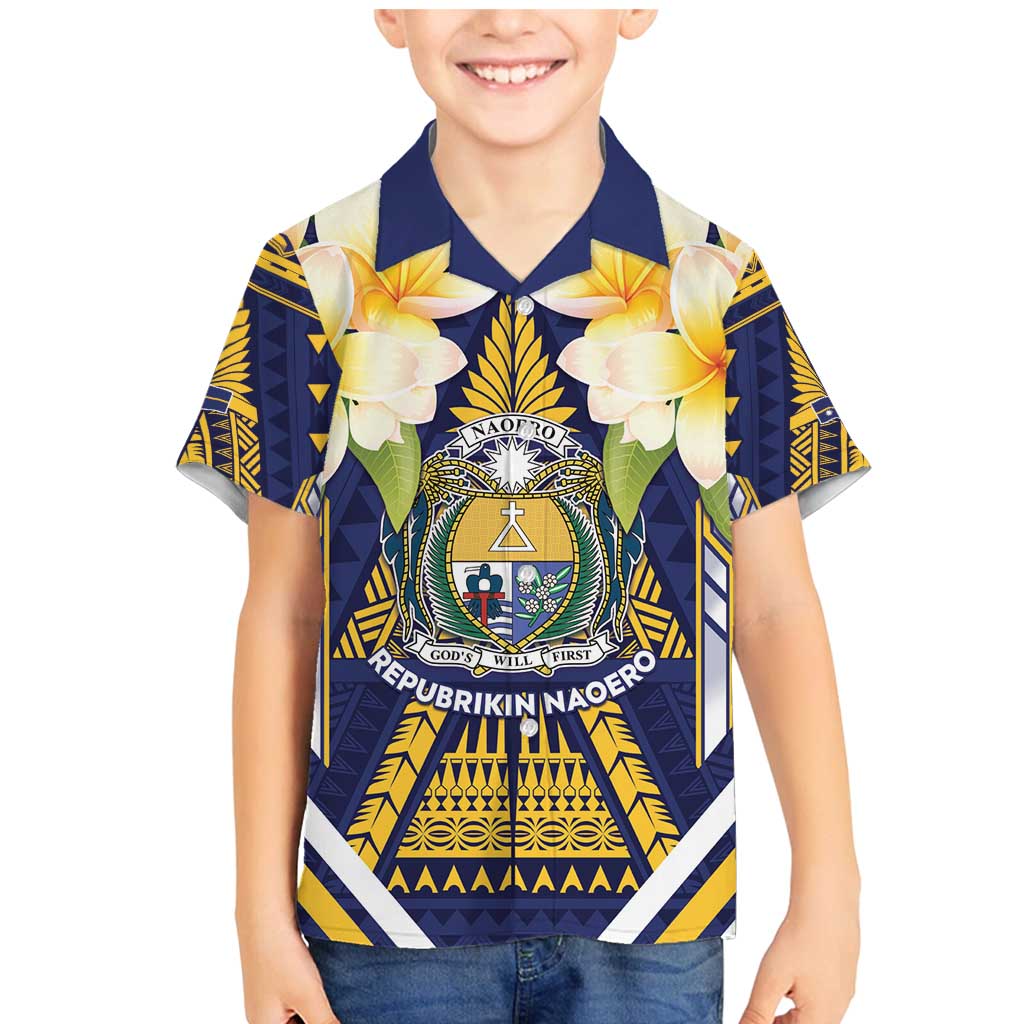 Personalised Nauru Independence Day Family Matching Mermaid Dress and Hawaiian Shirt Coat Of Arms With Plumeria - Polynesian Pride