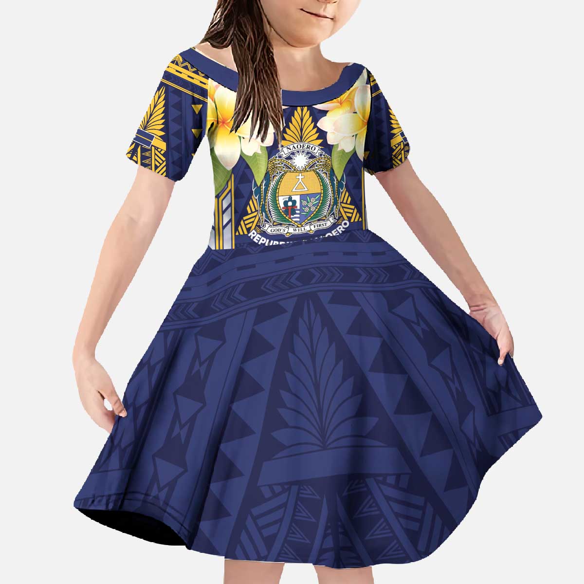Personalised Nauru Independence Day Family Matching Off The Shoulder Long Sleeve Dress and Hawaiian Shirt Coat Of Arms With Plumeria - Polynesian Pride
