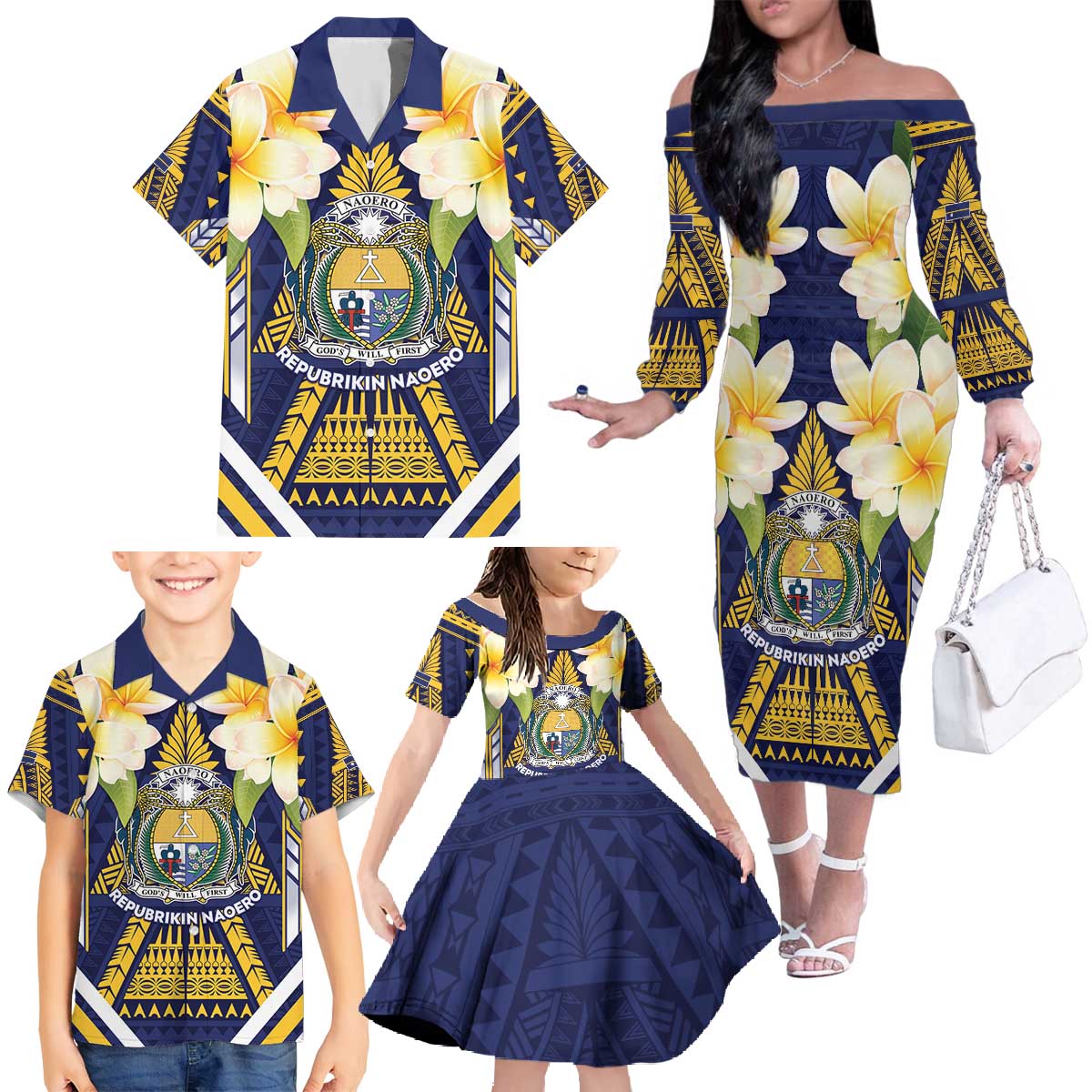 Personalised Nauru Independence Day Family Matching Off The Shoulder Long Sleeve Dress and Hawaiian Shirt Coat Of Arms With Plumeria - Polynesian Pride
