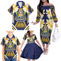 Personalised Nauru Independence Day Family Matching Off The Shoulder Long Sleeve Dress and Hawaiian Shirt Coat Of Arms With Plumeria - Polynesian Pride