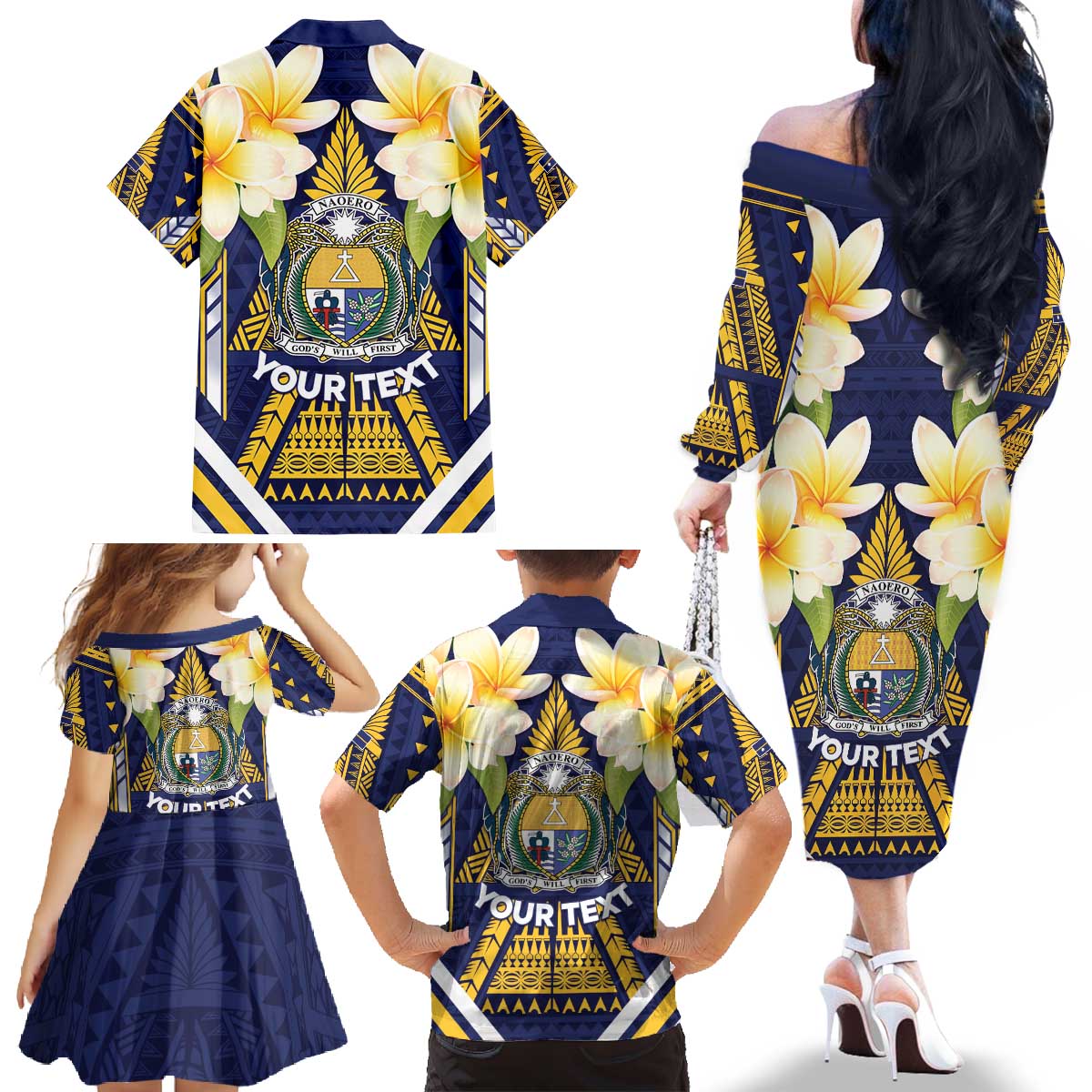 Personalised Nauru Independence Day Family Matching Off The Shoulder Long Sleeve Dress and Hawaiian Shirt Coat Of Arms With Plumeria - Polynesian Pride