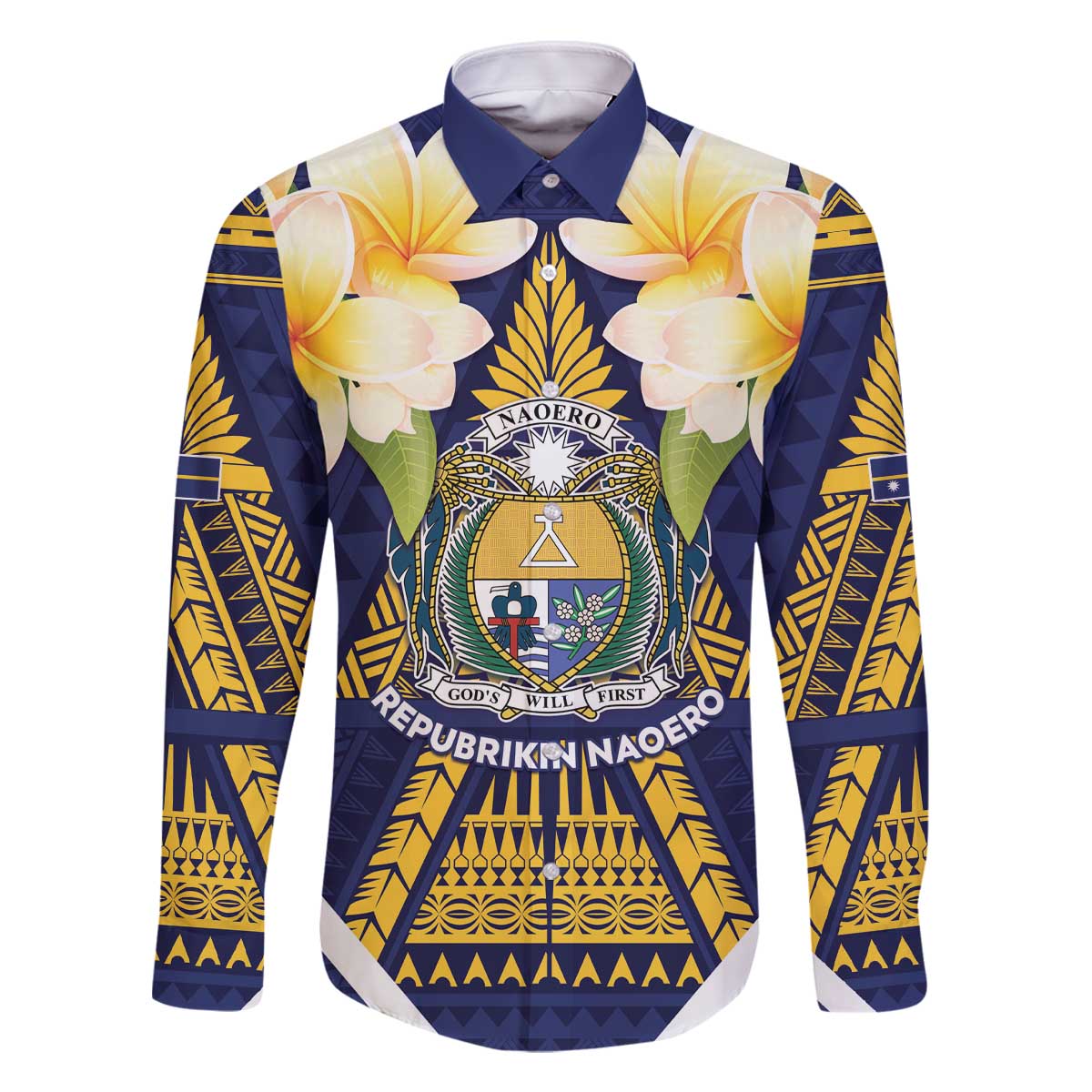 Personalised Nauru Independence Day Family Matching Off The Shoulder Long Sleeve Dress and Hawaiian Shirt Coat Of Arms With Plumeria - Polynesian Pride
