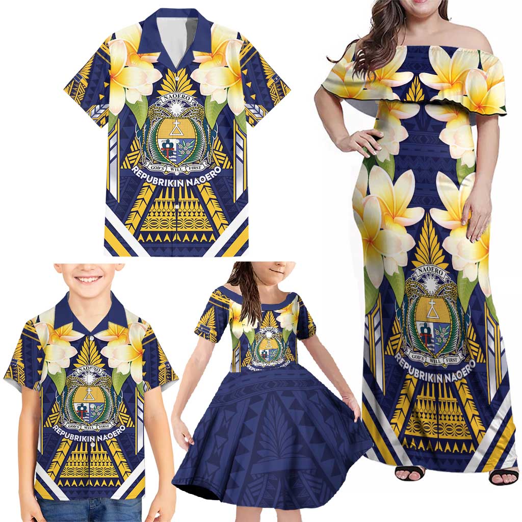 Personalised Nauru Independence Day Family Matching Off Shoulder Maxi Dress and Hawaiian Shirt Coat Of Arms With Plumeria - Polynesian Pride