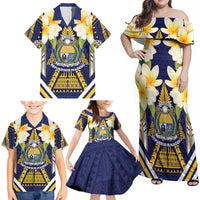 Personalised Nauru Independence Day Family Matching Off Shoulder Maxi Dress and Hawaiian Shirt Coat Of Arms With Plumeria - Polynesian Pride