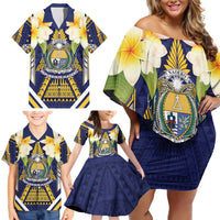 Personalised Nauru Independence Day Family Matching Off Shoulder Short Dress and Hawaiian Shirt Coat Of Arms With Plumeria - Polynesian Pride