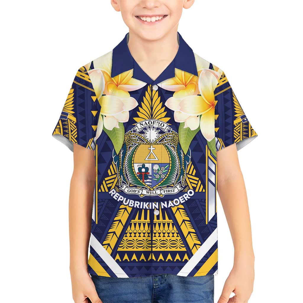 Personalised Nauru Independence Day Family Matching Off Shoulder Short Dress and Hawaiian Shirt Coat Of Arms With Plumeria - Polynesian Pride