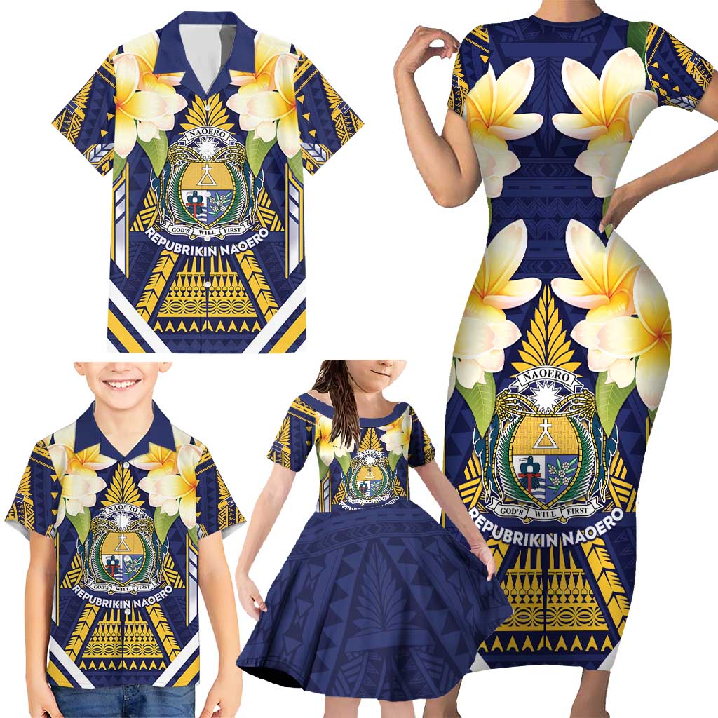 Personalised Nauru Independence Day Family Matching Short Sleeve Bodycon Dress and Hawaiian Shirt Coat Of Arms With Plumeria - Polynesian Pride