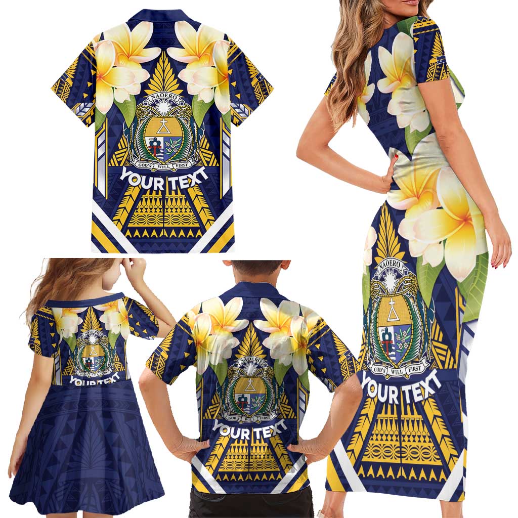 Personalised Nauru Independence Day Family Matching Short Sleeve Bodycon Dress and Hawaiian Shirt Coat Of Arms With Plumeria - Polynesian Pride