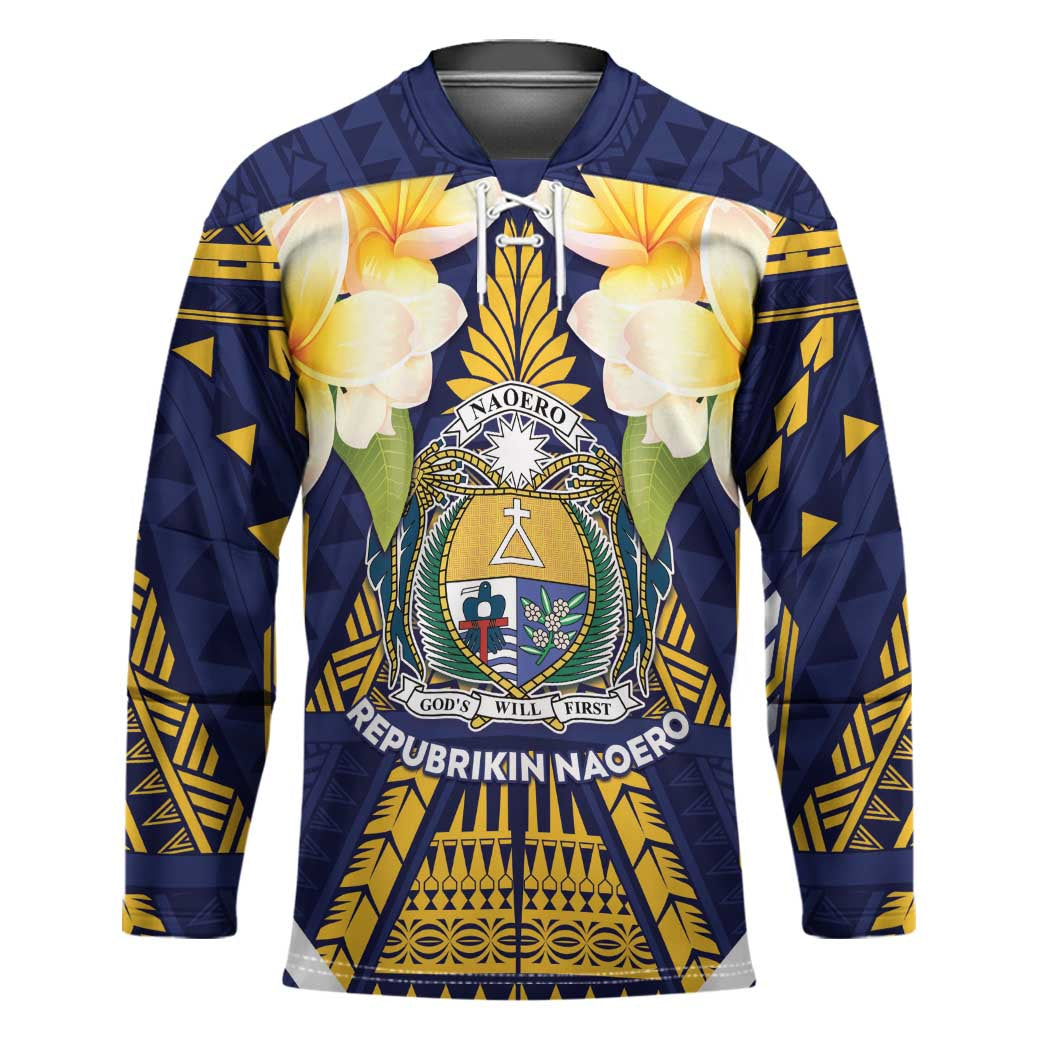 Personalised Nauru Independence Day Hockey Jersey Coat Of Arms With Plumeria - Polynesian Pride