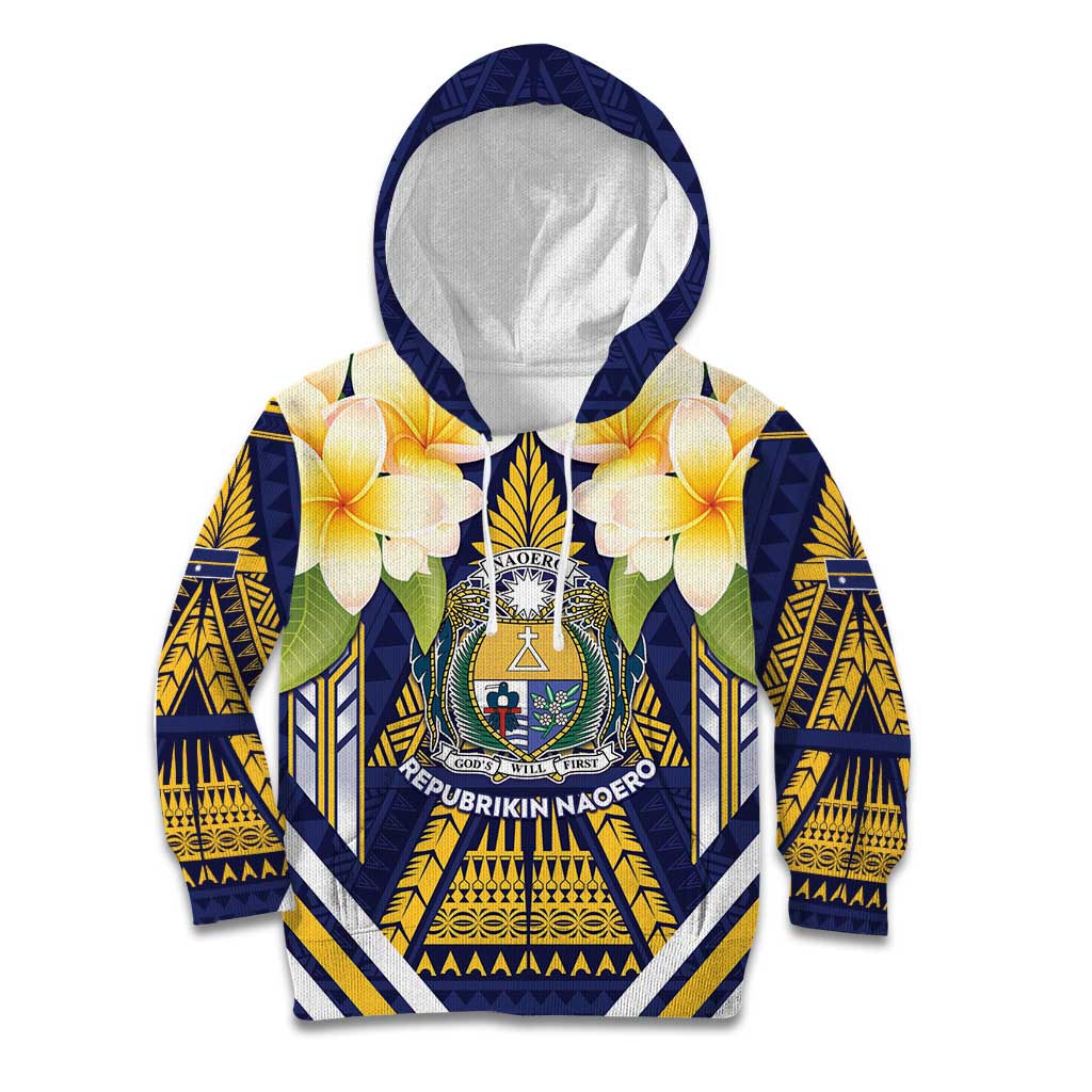 Personalised Nauru Independence Day Kid Hoodie Coat Of Arms With Plumeria - Polynesian Pride