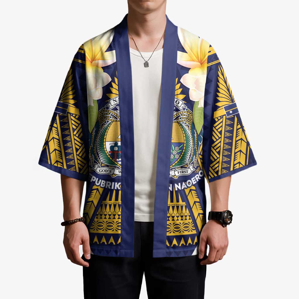 Personalised Nauru Independence Day Kimono Coat Of Arms With Plumeria - Polynesian Pride