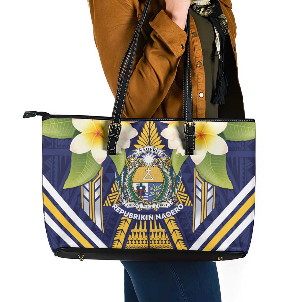 Nauru Independence Day Leather Tote Bag Coat Of Arms With Plumeria - Polynesian Pride