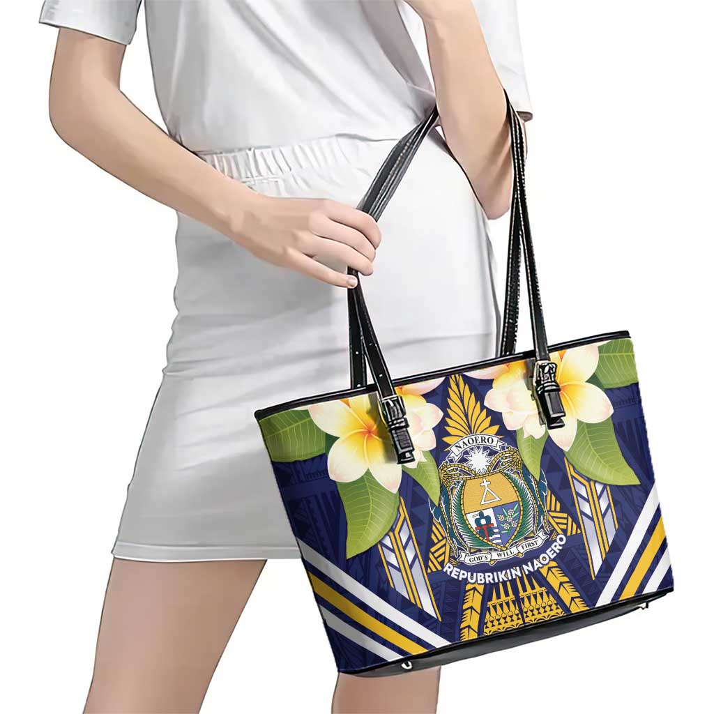 Nauru Independence Day Leather Tote Bag Coat Of Arms With Plumeria - Polynesian Pride