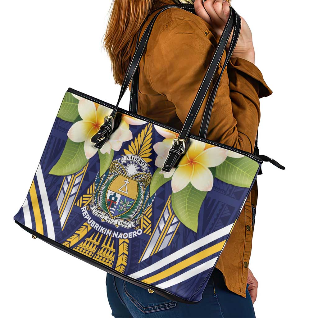 Nauru Independence Day Leather Tote Bag Coat Of Arms With Plumeria - Polynesian Pride