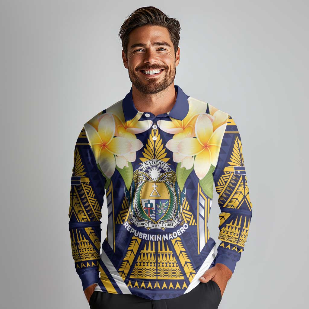 Personalised Nauru Independence Day Long Sleeve Polo Shirt Coat Of Arms With Plumeria - Polynesian Pride