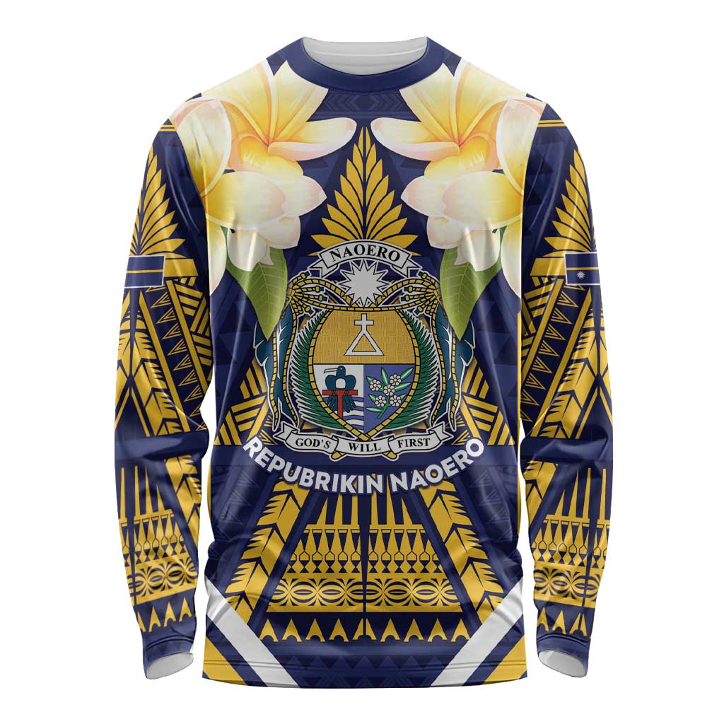 Personalised Nauru Independence Day Long Sleeve Shirt Coat Of Arms With Plumeria - Polynesian Pride