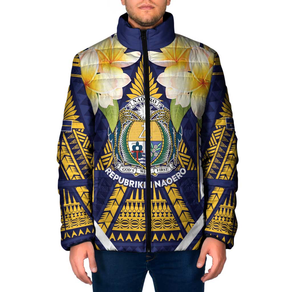 Personalised Nauru Independence Day Padded Jacket Coat Of Arms With Plumeria - Polynesian Pride