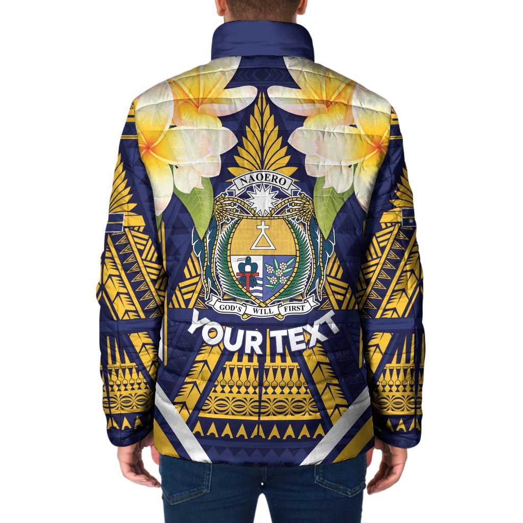 Personalised Nauru Independence Day Padded Jacket Coat Of Arms With Plumeria - Polynesian Pride