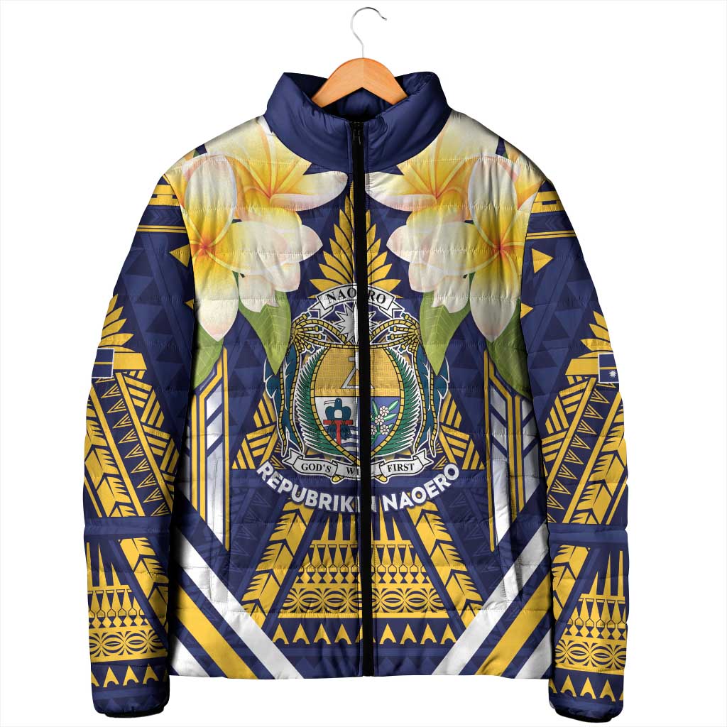 Personalised Nauru Independence Day Padded Jacket Coat Of Arms With Plumeria - Polynesian Pride