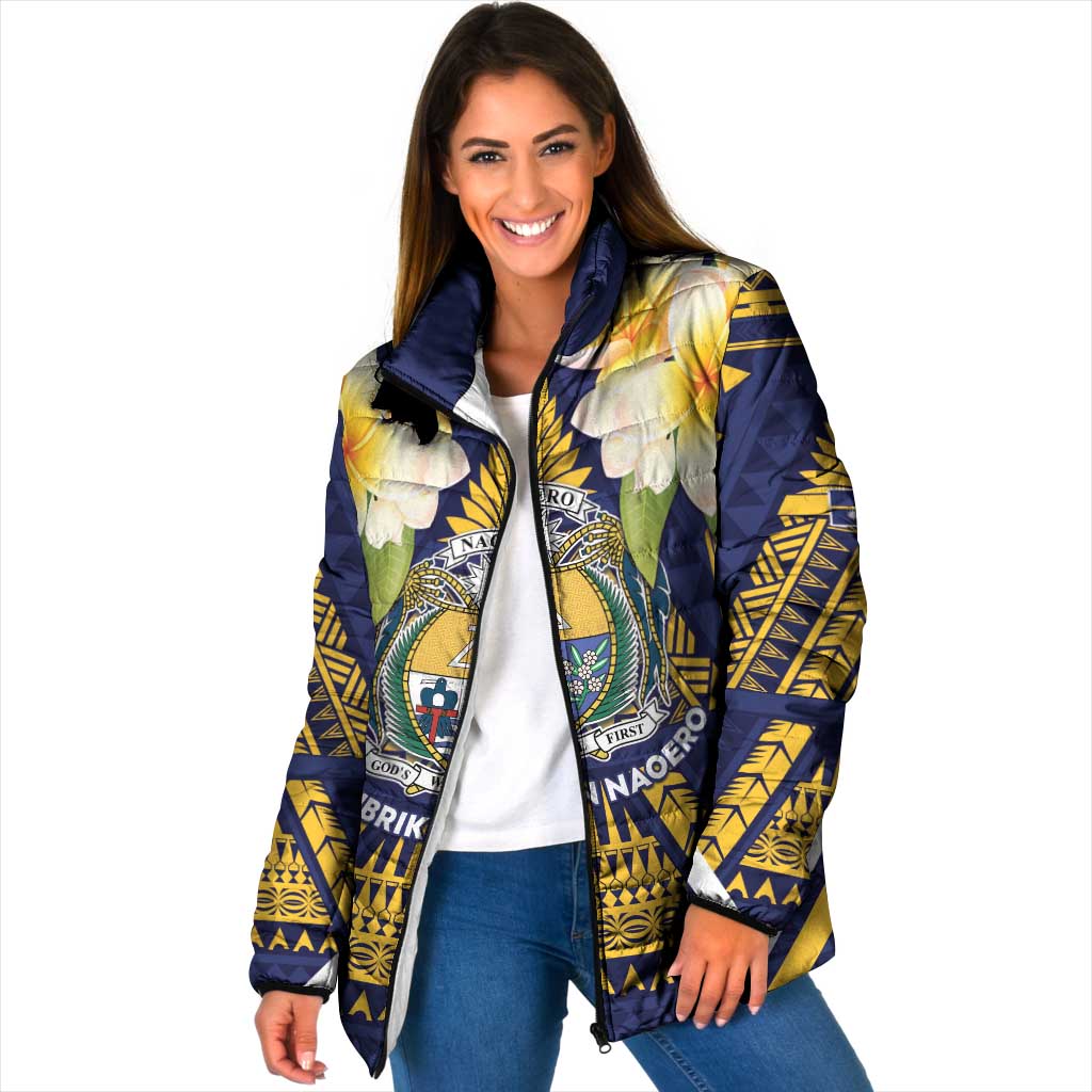 Personalised Nauru Independence Day Padded Jacket Coat Of Arms With Plumeria - Polynesian Pride