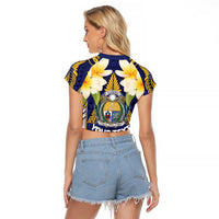 Personalised Nauru Independence Day Raglan Cropped T Shirt Coat Of Arms With Plumeria - Polynesian Pride
